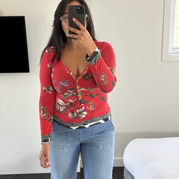 Roberto Cavalli CLASS *Vintage* Sweater Long Sleeve Red Floral Sz 8 US Authentic - Picture 1 of 14